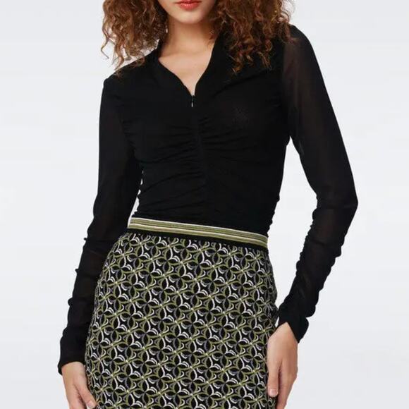 Diane Von Furstenberg Tops - Diane Von Furstenberg Julie Mesh Top Ruched Black Long Sleeve Semi Sheer XS Zip